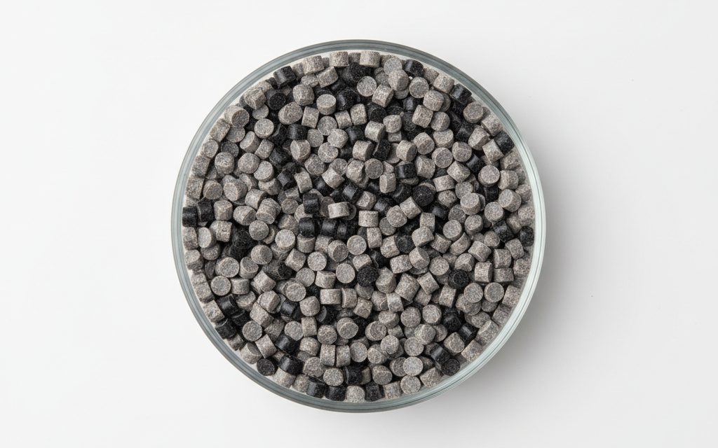 Grade confirmed at quotation — uniformly cut, high-density pellets in neutral or black colors, often reinforced with fibers visible under close inspection, studio product photograph