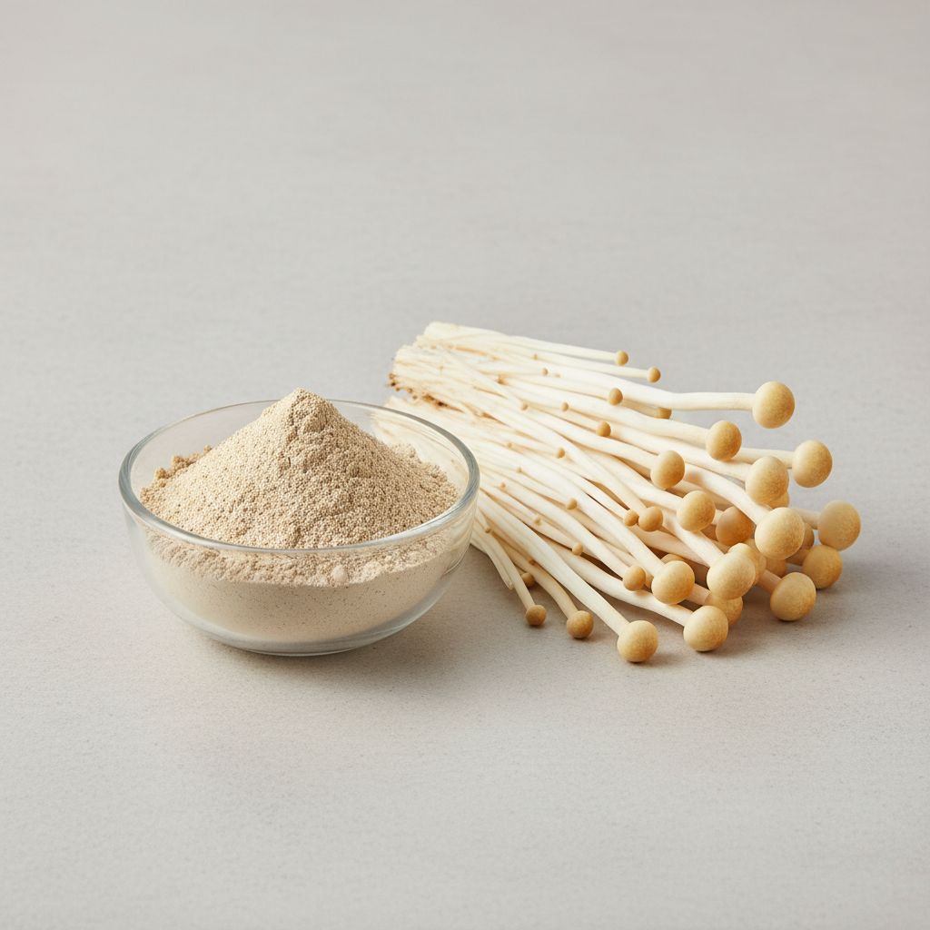 Illustrative studio sample of Enoki Mushroom Extract beside Flammulina velutipes source material