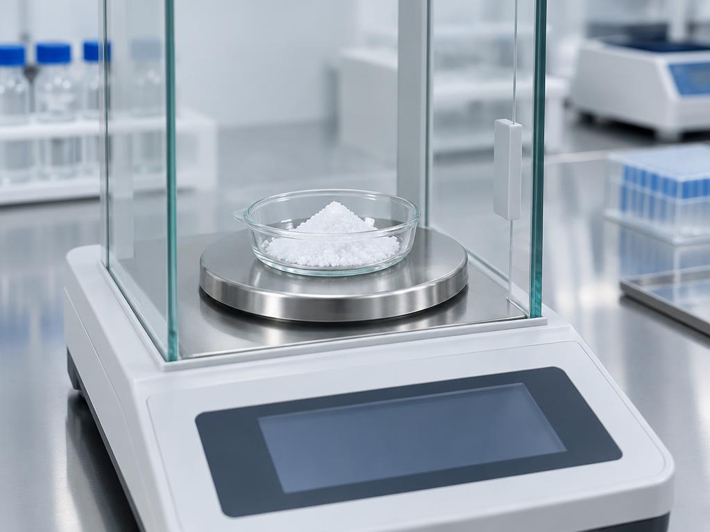 White crystalline powder on a lab balance — generic product illustration
