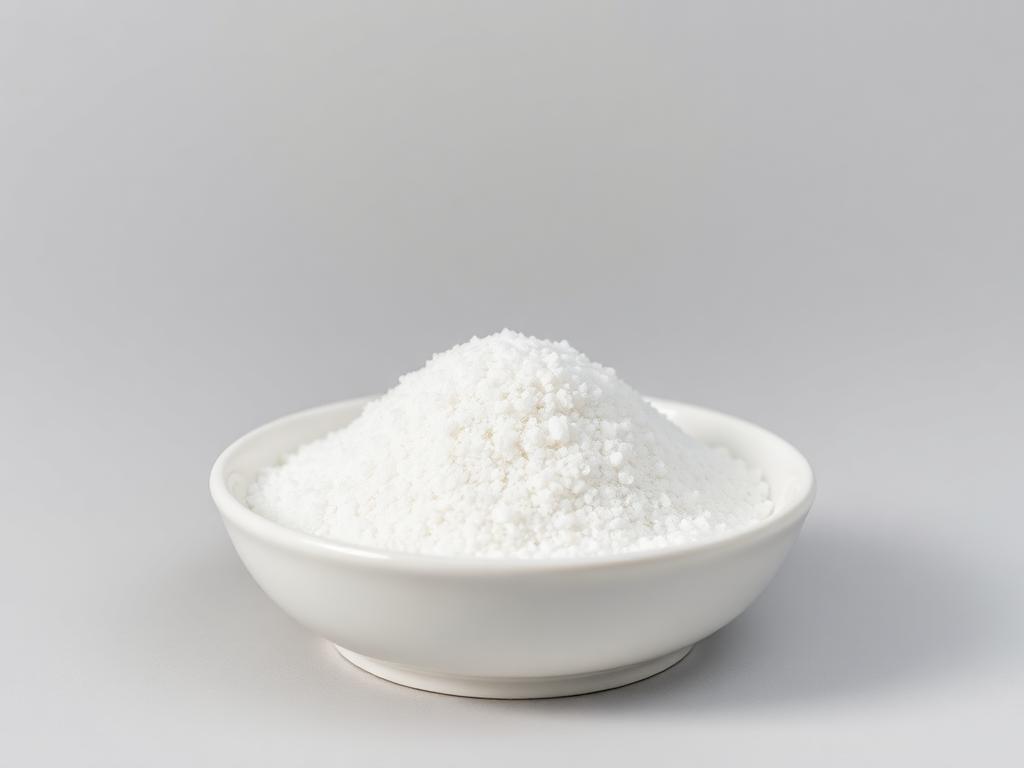 White crystalline erythritol granules heaped in a white ceramic dish on a neutral studio background