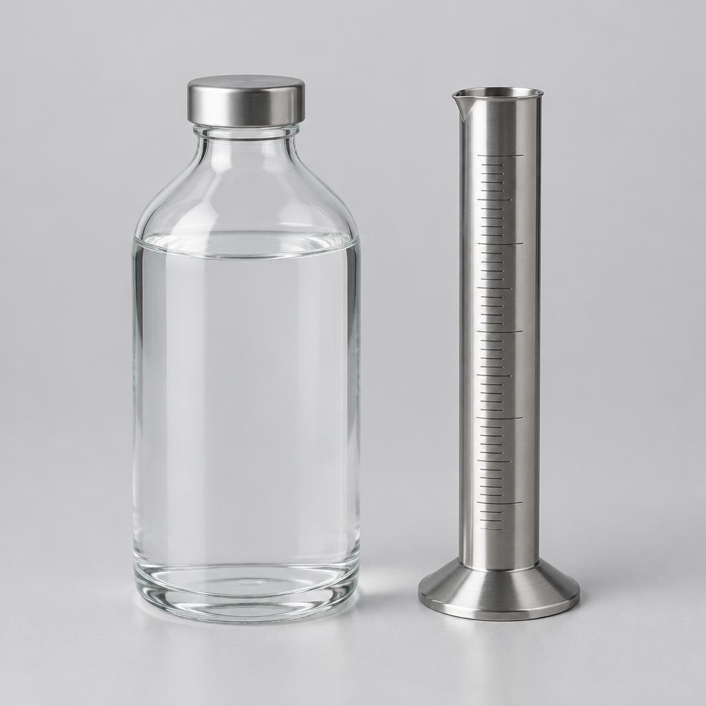 Illustrative studio sample of Ethyl 3-Ethoxypropionate as clear colourless liquid in an unbranded laboratory bottle
