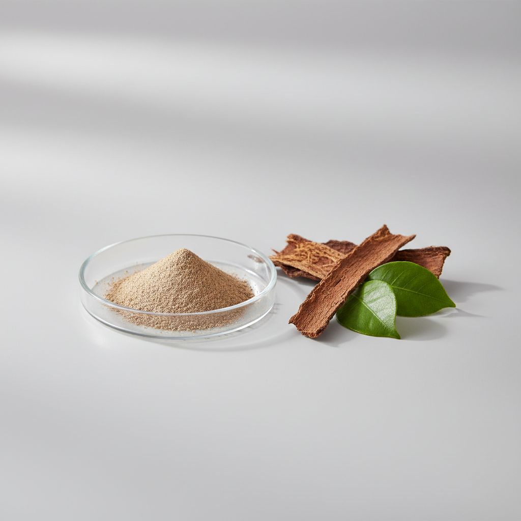 Illustrative studio sample of Eucommia Extract beside Eucommia ulmoides source material