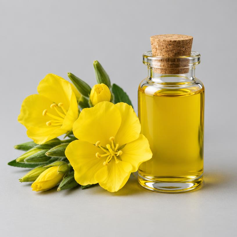 Evening Primrose Oil — Cosmetic Grade — studio photograph of pale yellow oil, presented as a B2B sourcing category illustration