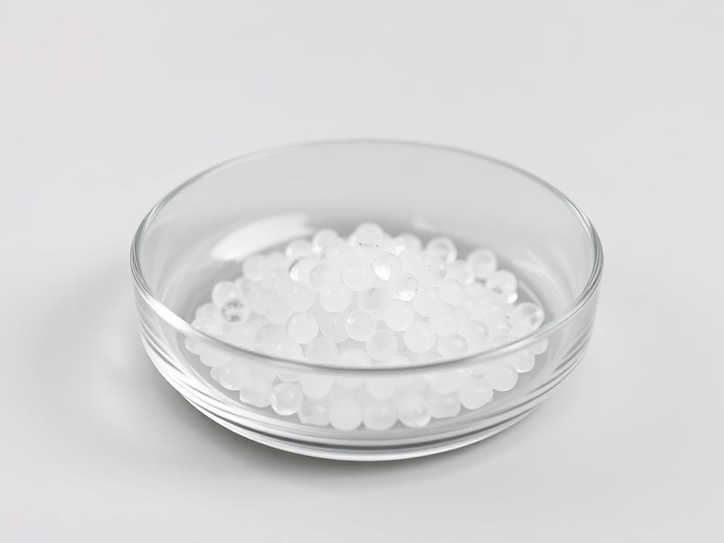 Small heap of translucent EVOH barrier resin pellets on a neutral studio background