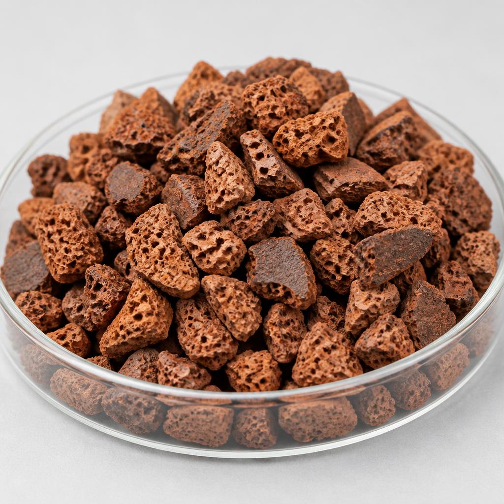 Expanded clay filter media — irregular crushed terracotta-brown expanded-clay granules with rough highly porous fractured surfaces in a shallow laboratory dish, studio product photograph; grade and particle-size range confirmed at quotation