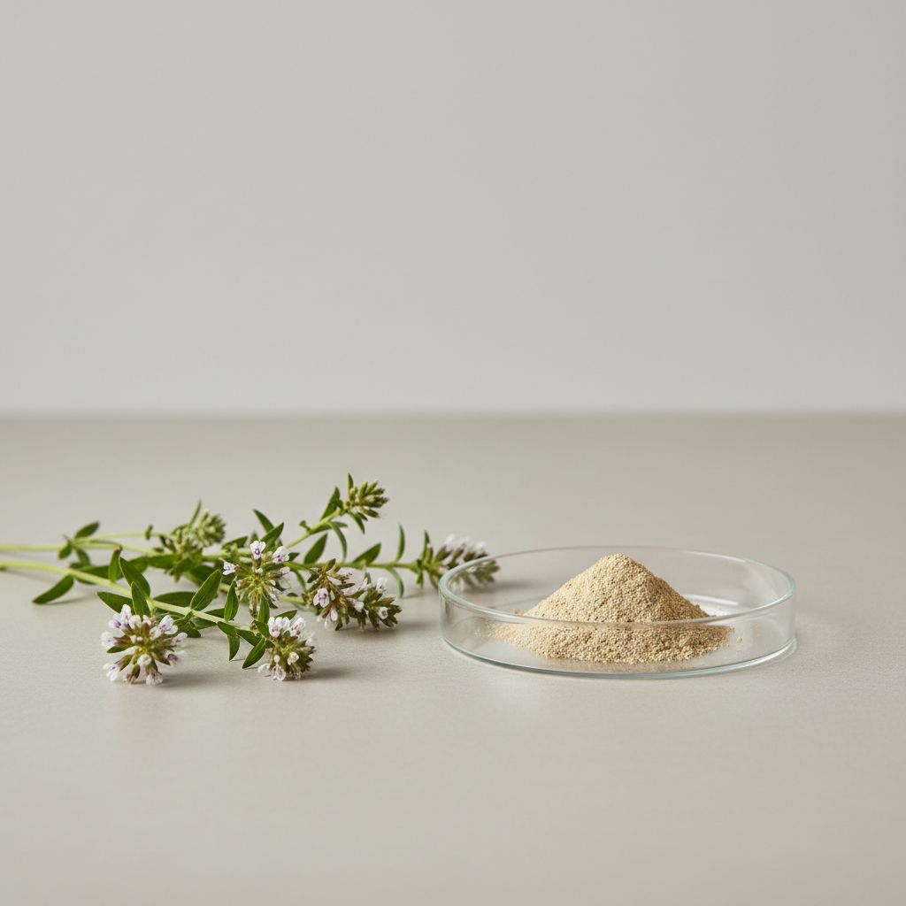 Illustrative studio sample of Eyebright Extract beside Euphrasia officinalis source material