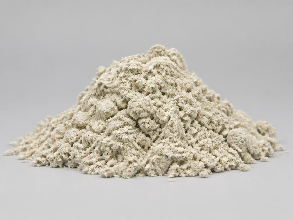 Faba bean fibre shown as a pale greyish-cream fibrous powder heap in a neutral studio photograph