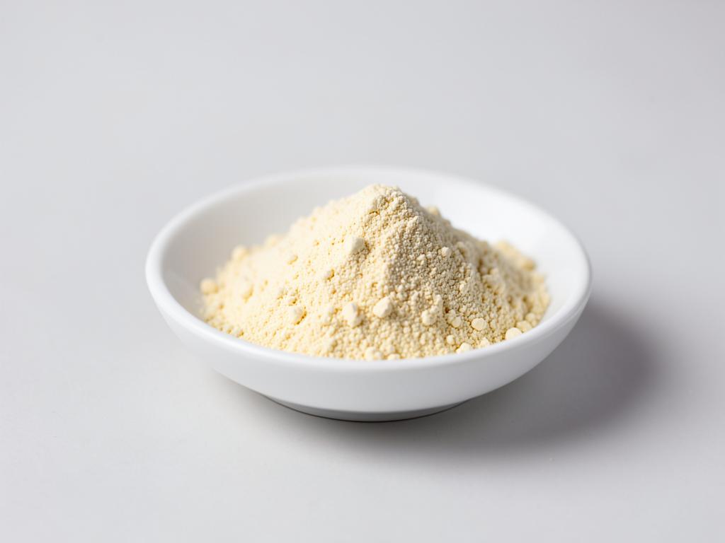 Faba bean protein shown as a fine pale yellow-beige powder in a shallow dish in a neutral studio photograph