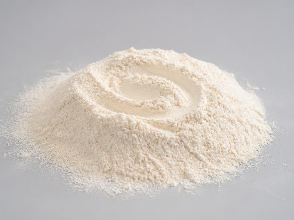 Faba bean starch shown as a creamy off-white fine starch powder heap in a neutral studio photograph