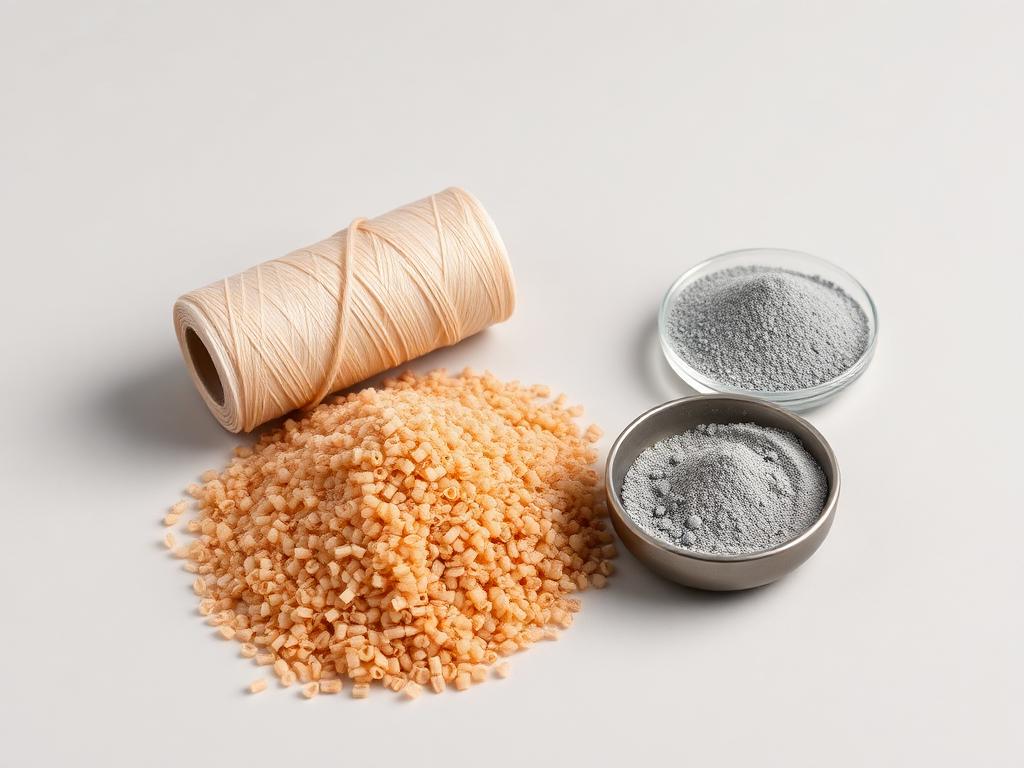 Small heap of fine-cut grey far-infrared masterbatch pellets beside a spool of technical yarn on a neutral studio background