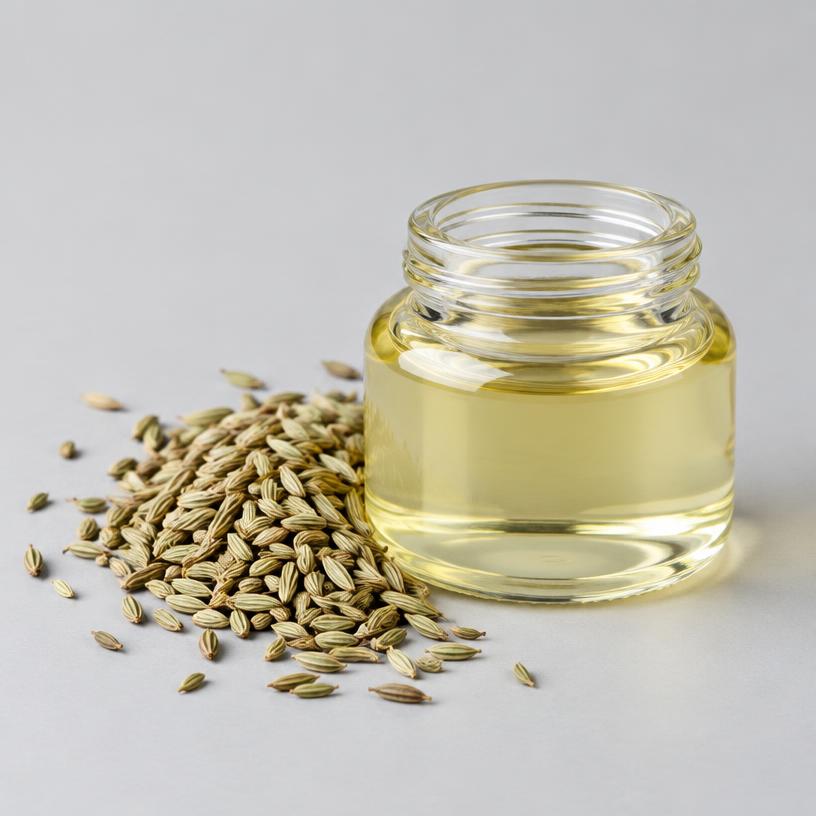 Fennel Oil — Food & Flavour Grade — studio photograph of clear to pale mobile oil, presented as a B2B sourcing category illustration
