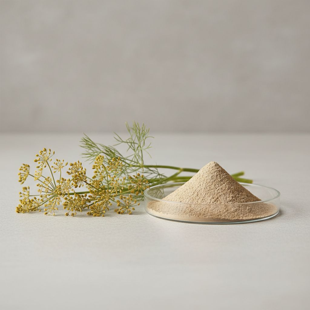 Illustrative studio sample of Fennel Extract beside Foeniculum vulgare source material
