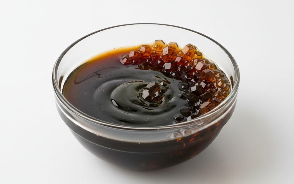 Grade confirmed at quotation — dark brown to blackish-green syrup-like liquid or dark orange-brown hexagonal crystals with a metallic, wet appearance, studio product photograph