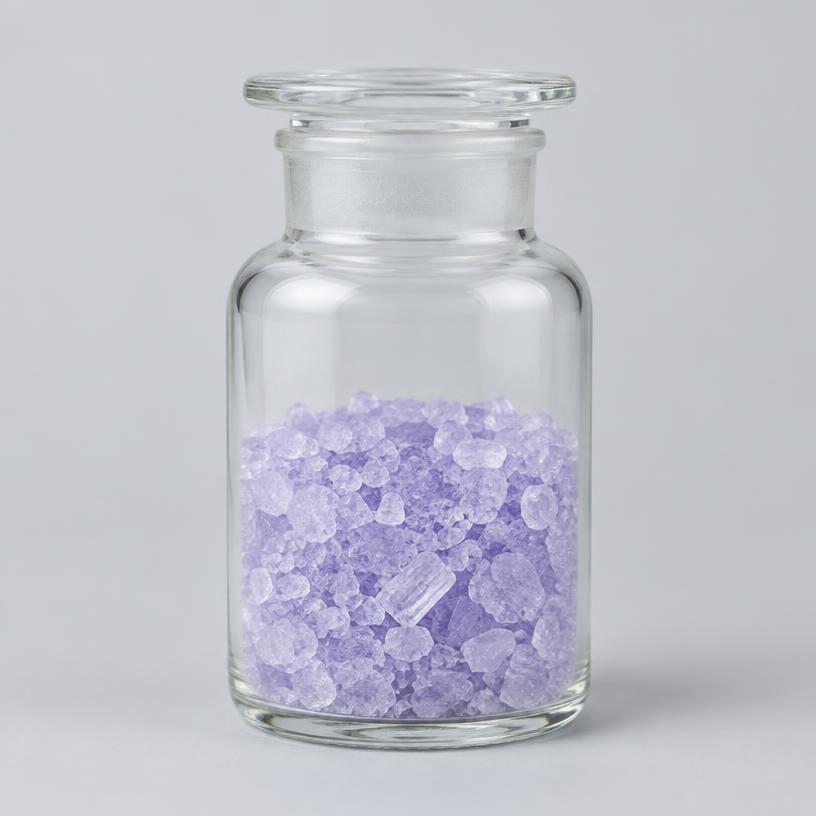 Ferric Nitrate — Industrial Grade — studio photograph of pale violet to colourless crystalline solid, presented as a B2B sourcing category illustration