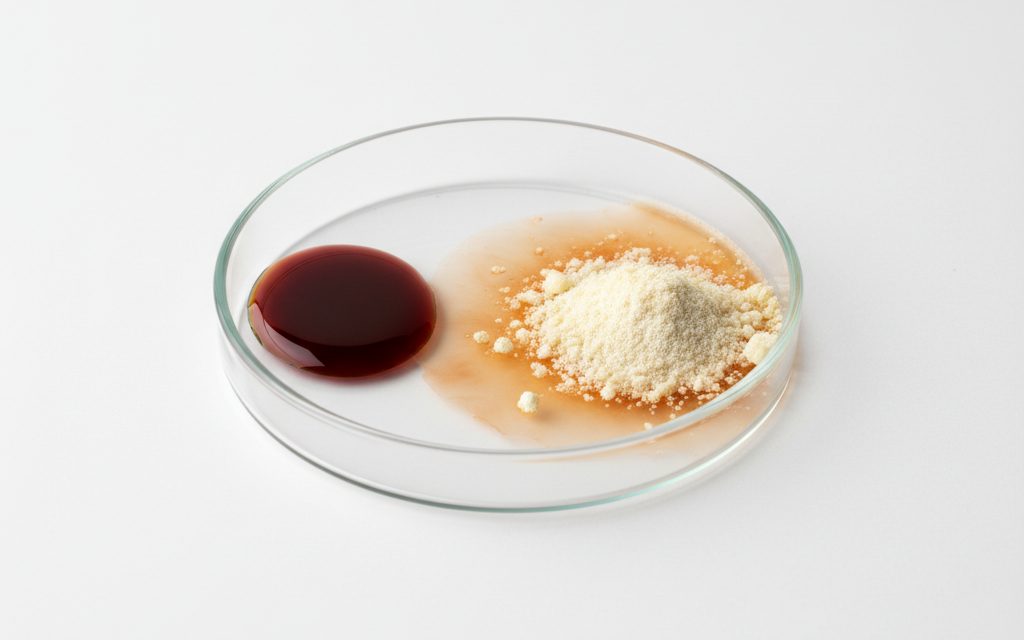 Grade confirmed at quotation — dark reddish-brown liquid or yellowish-white crystalline powder that forms a cloudy, rust-colored solution in water, studio product photograph
