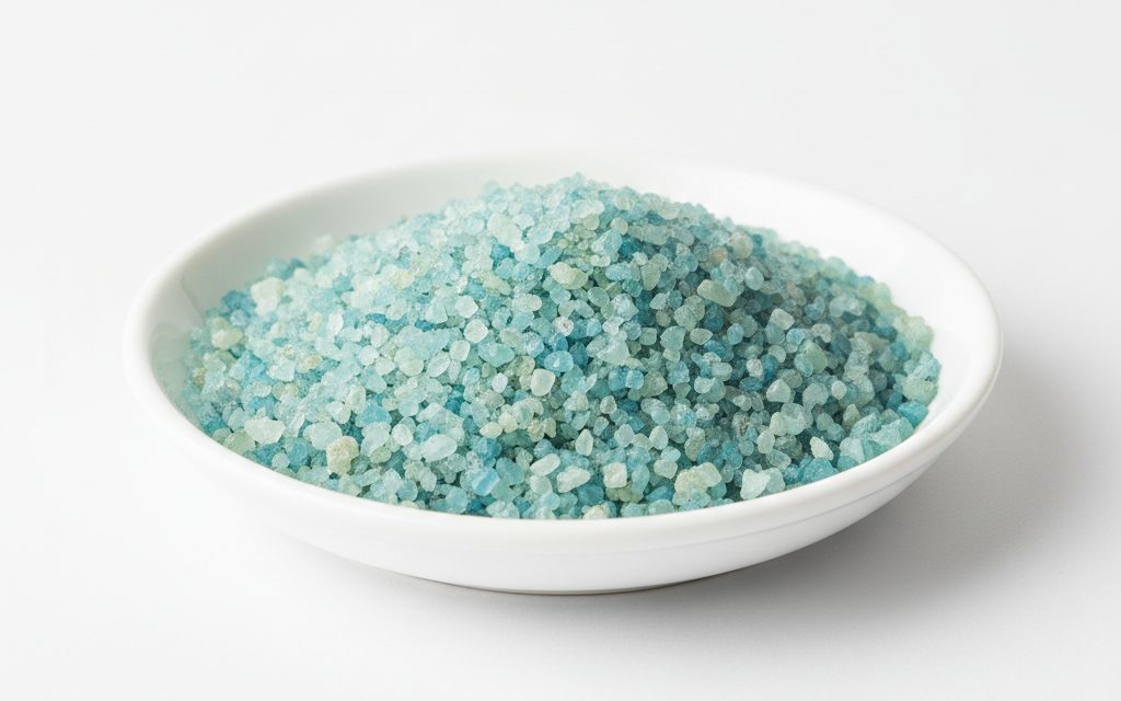 Grade confirmed at quotation — small, blue-green monoclinic crystals or granules, often appearing pale green-white when partially dehydrated, resembling coarse sea salt, studio product photograph