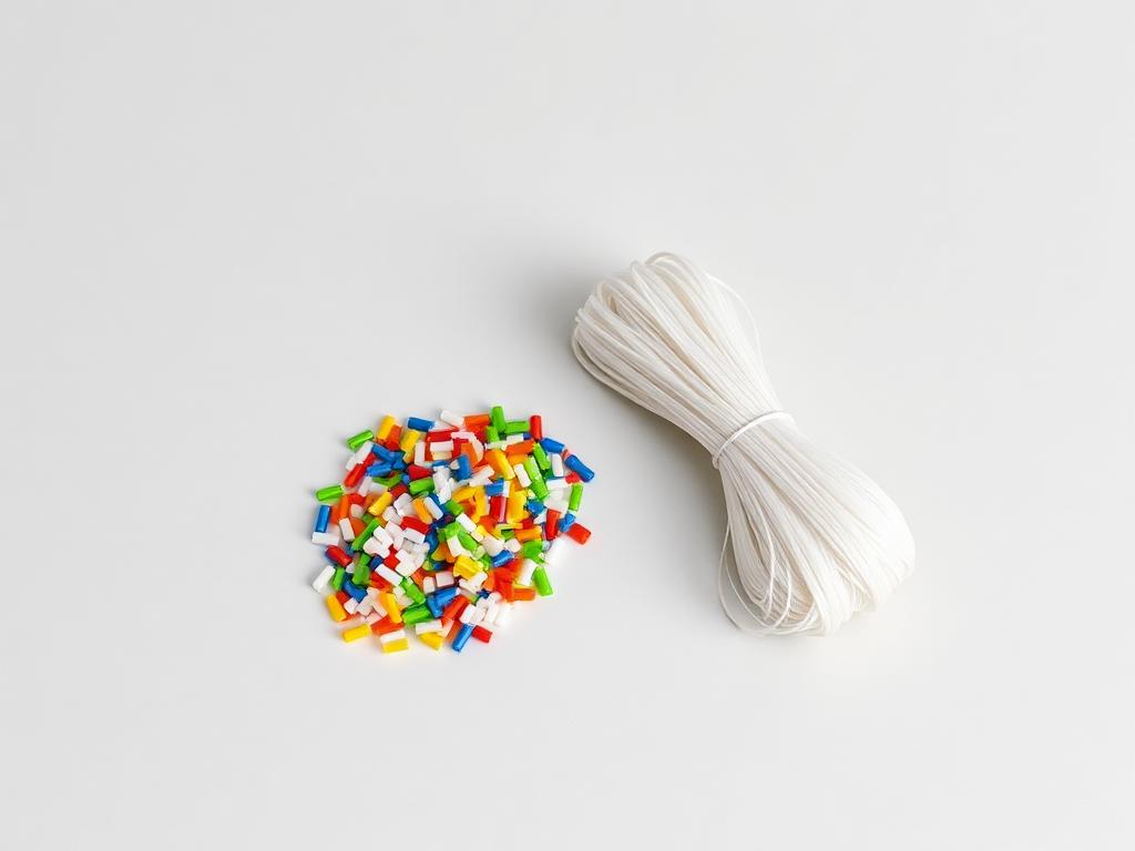 Small heap of fine-cut fibre masterbatch pellets beside a bundle of spun filament on a neutral studio background