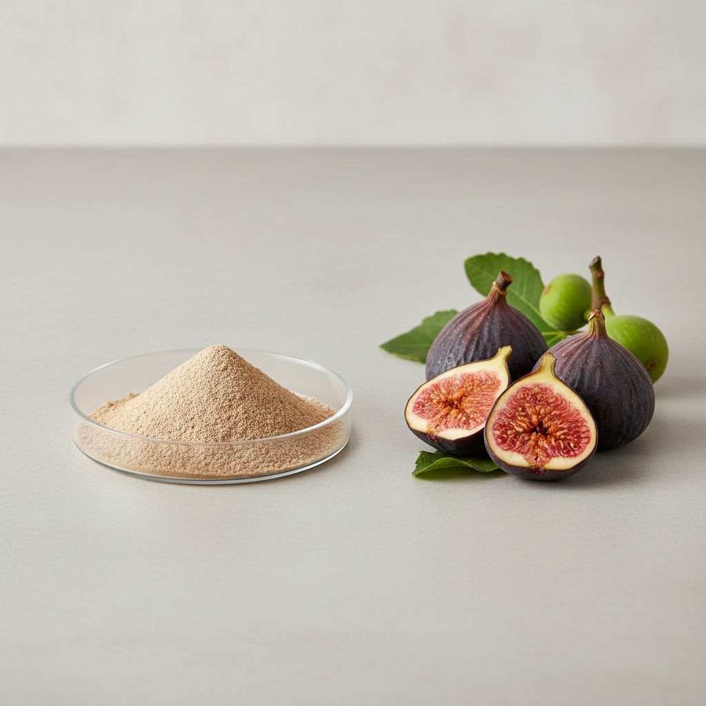 Illustrative studio sample of Fig Extract beside Ficus carica source material
