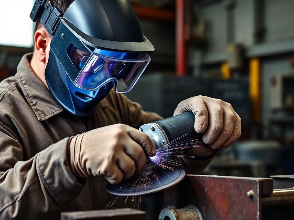 Welder blending a weld bead on a steel weldment with an angle grinder fitted with an abrasive flap disc