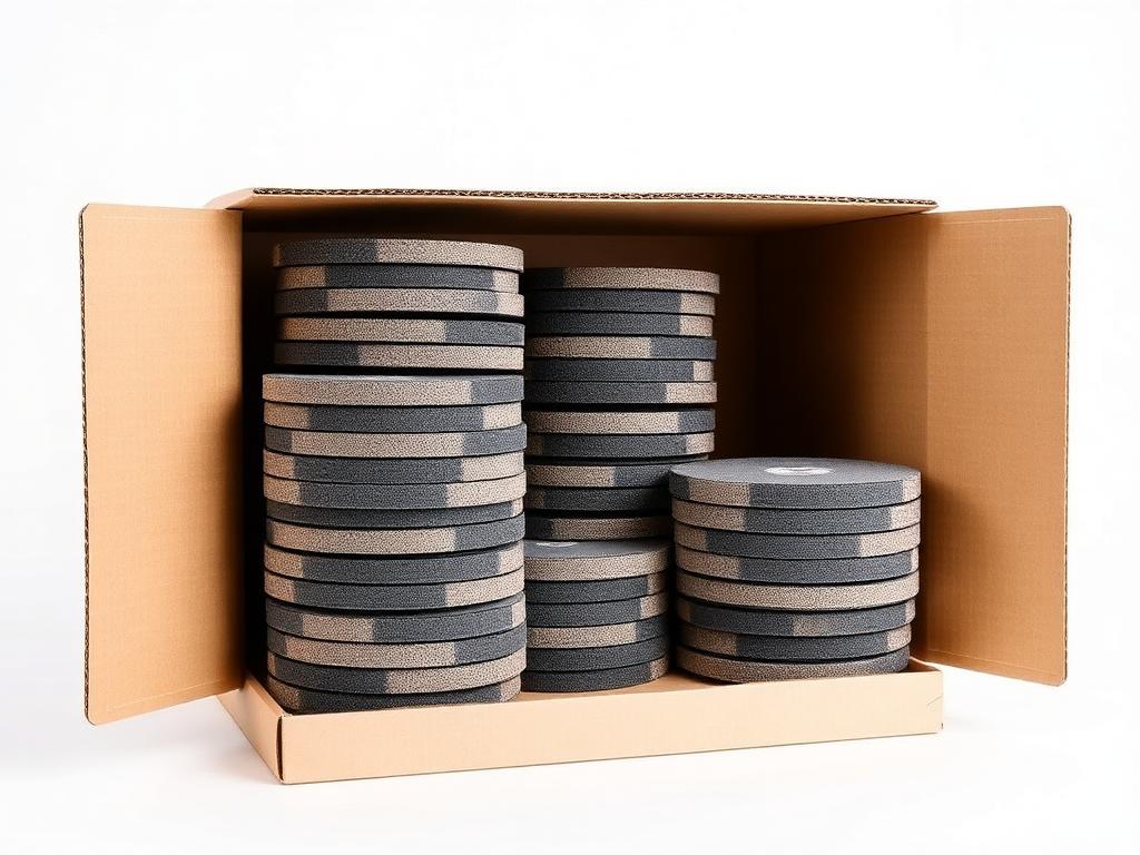 Open carton packed with unbranded abrasive flap discs stacked on their backing plates