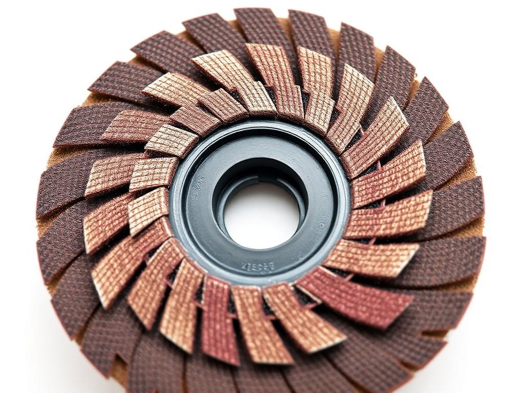 Macro view of a flap disc showing the overlapping radial abrasive cloth flaps bonded to the backing plate