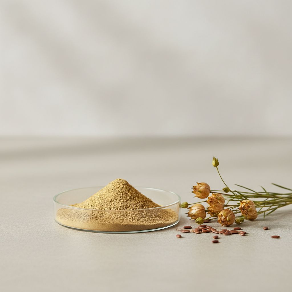 Illustrative studio sample of Flaxseed Extract beside Linum usitatissimum source material