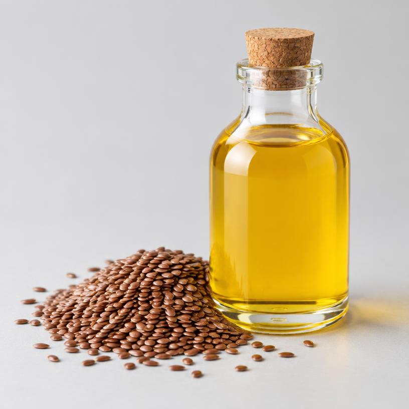 Flaxseed Oil — Food Grade — studio photograph of golden-yellow oil, presented as a B2B sourcing category illustration