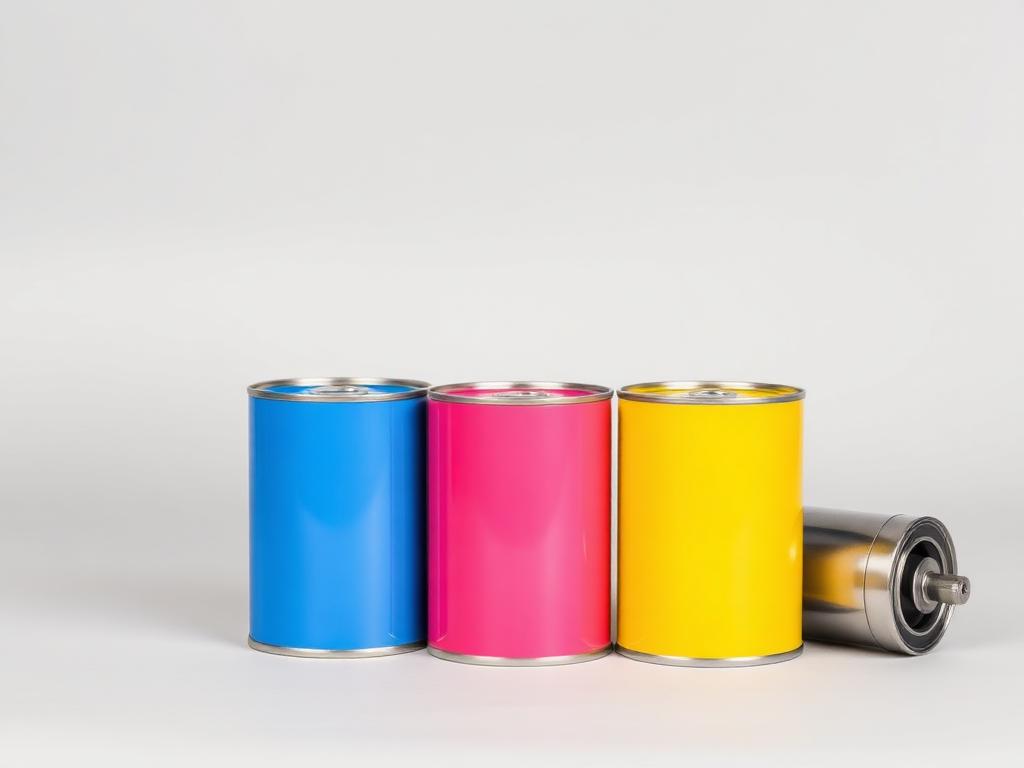 Set of open ink cans in cyan, magenta and yellow beside a flexo anilox sample on a neutral studio background