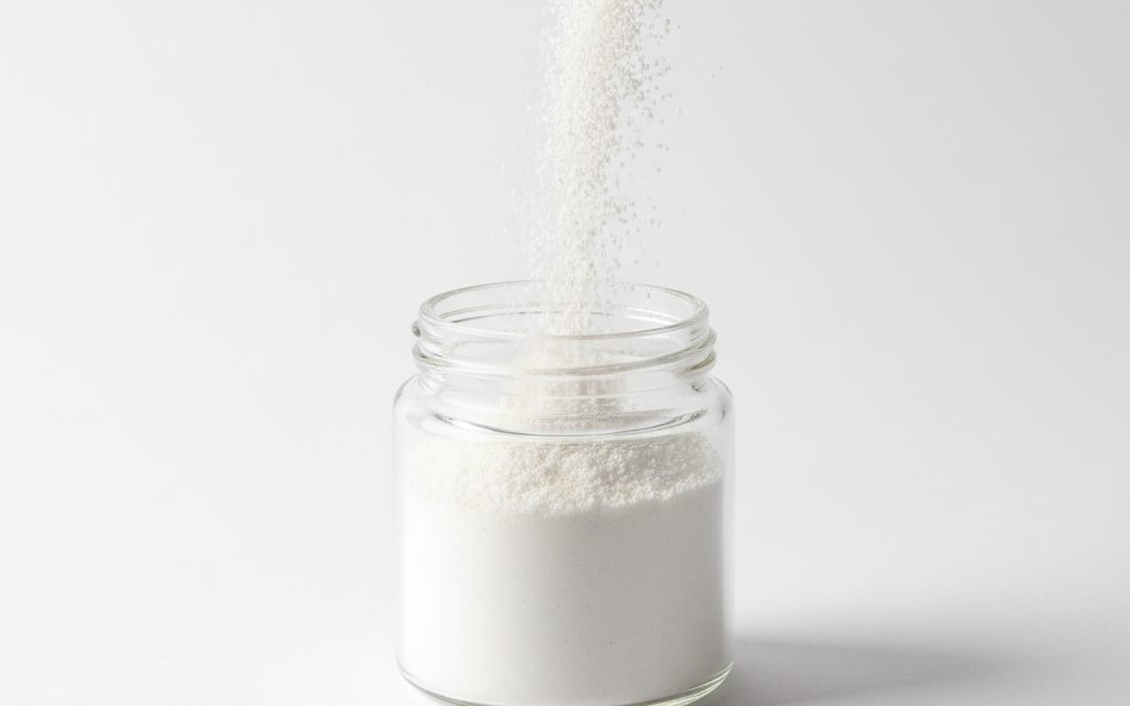 Grade confirmed at quotation — fine white particulate powder designed for high surface area, appearing dry and free-flowing when poured from a beaker, studio product photograph