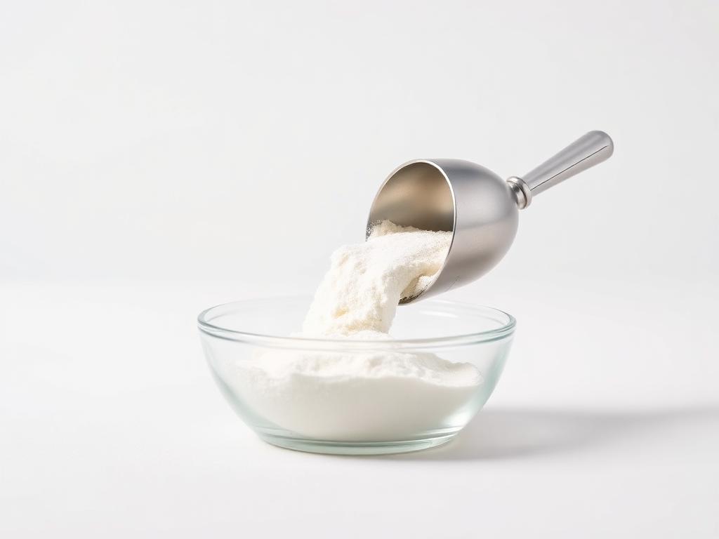 Studio category illustration for Powder Flow Improvement Additives — white powder flowing freely from a steel scoop