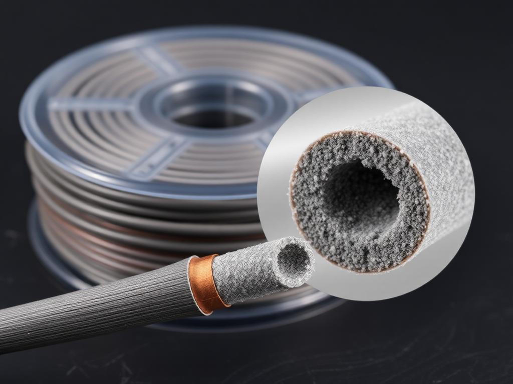 Flux-cored welding wire on a spool with a cut end showing the flux-filled tubular core