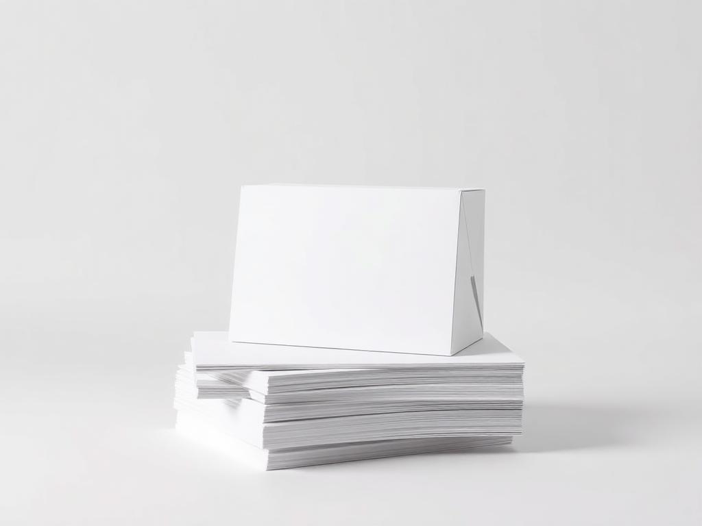 Stack of white coated folding boxboard sheets with a creased carton blank on a neutral studio background