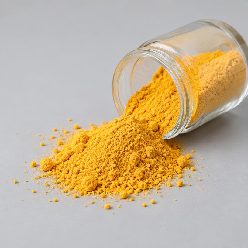 Folic Acid (Food Grade) — Food & Nutraceutical Grade — studio photograph of yellow to orange crystalline powder, presented as a B2B sourcing category illustration