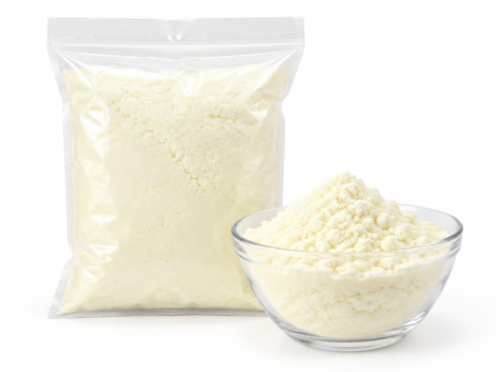 Pale powder in a clear bag and bowl — generic product illustration