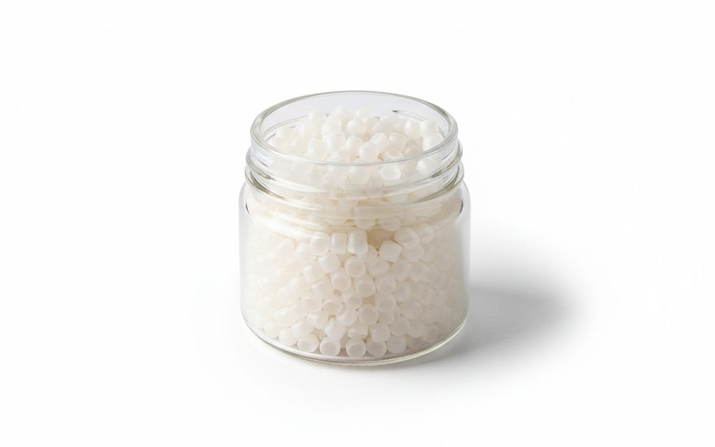 Grade confirmed at quotation — translucent or milky white clean plastic pellets, free from visible impurities and manufactured to meet strict sanitary appearance standards, studio product photograph