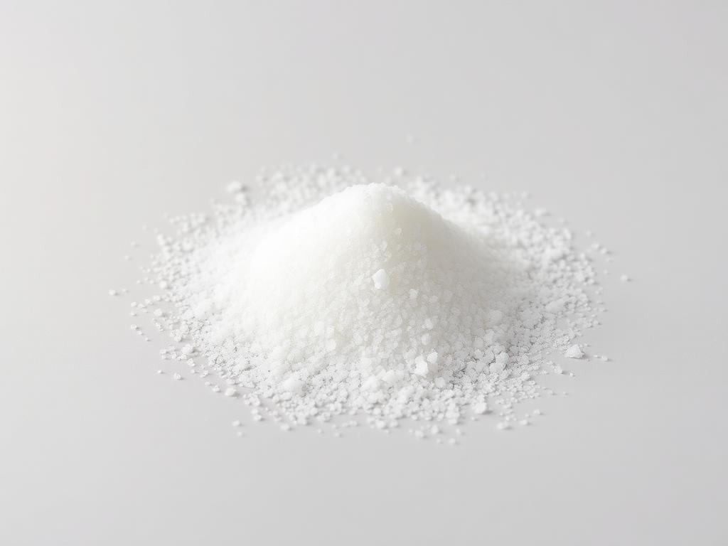 Mound of fine white food grade salt crystals on a neutral background