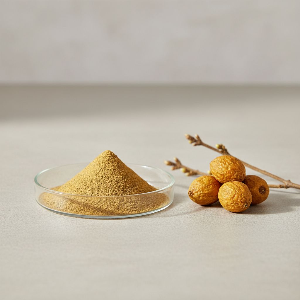 Illustrative studio sample of Forsythia Fruit Extract beside Forsythia suspensa source material