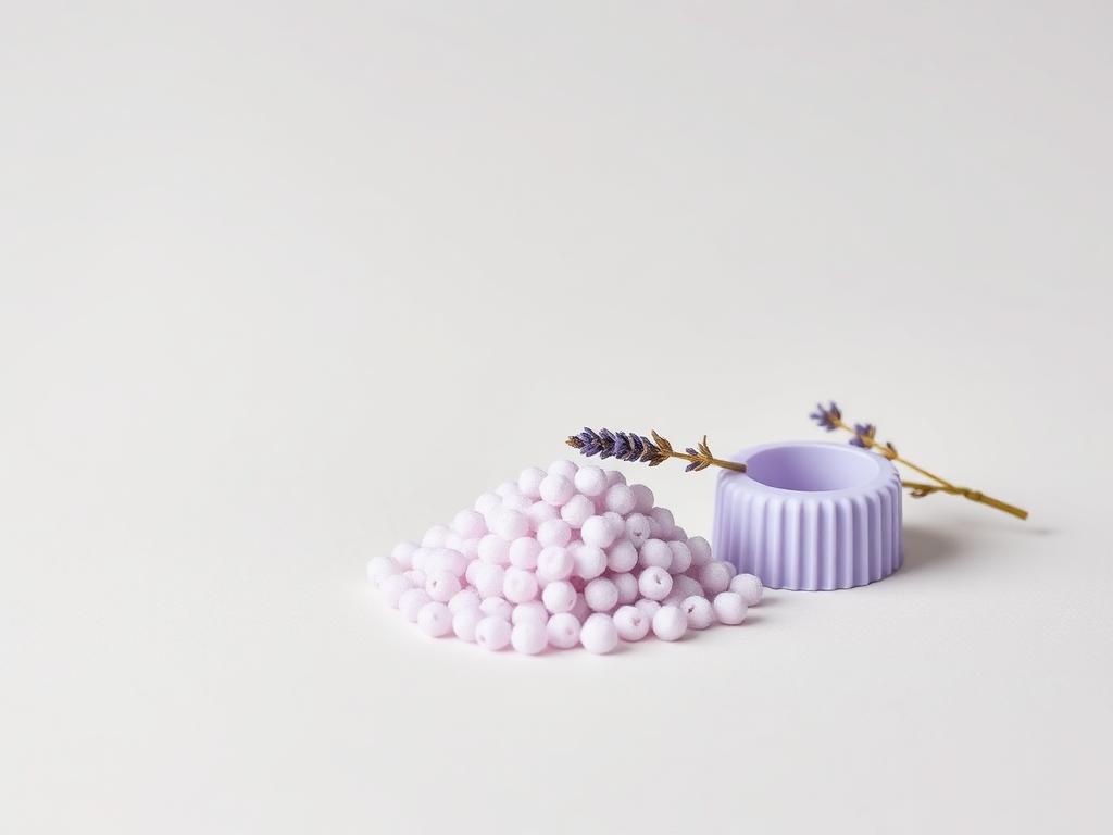 Small heap of pale fragrance masterbatch pellets beside a moulded plastic article on a neutral studio background