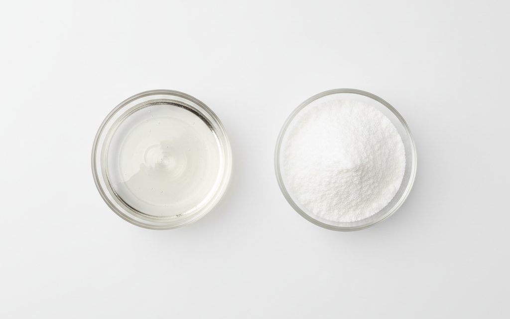 Fructooligosaccharides (FOS) — available as either a clear, colorless viscous syrup or a white crystalline powder with a clean, sweet flavor profile, studio product photograph