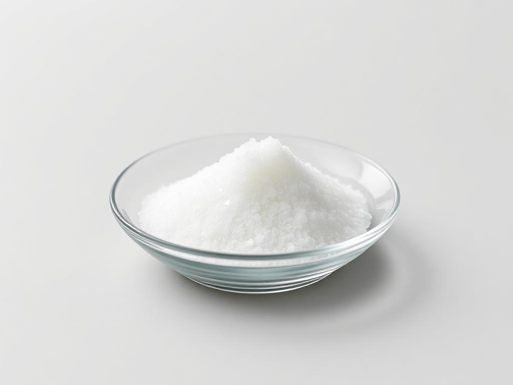 Fine white crystalline fructose sugar heaped in a shallow glass dish on a neutral studio background