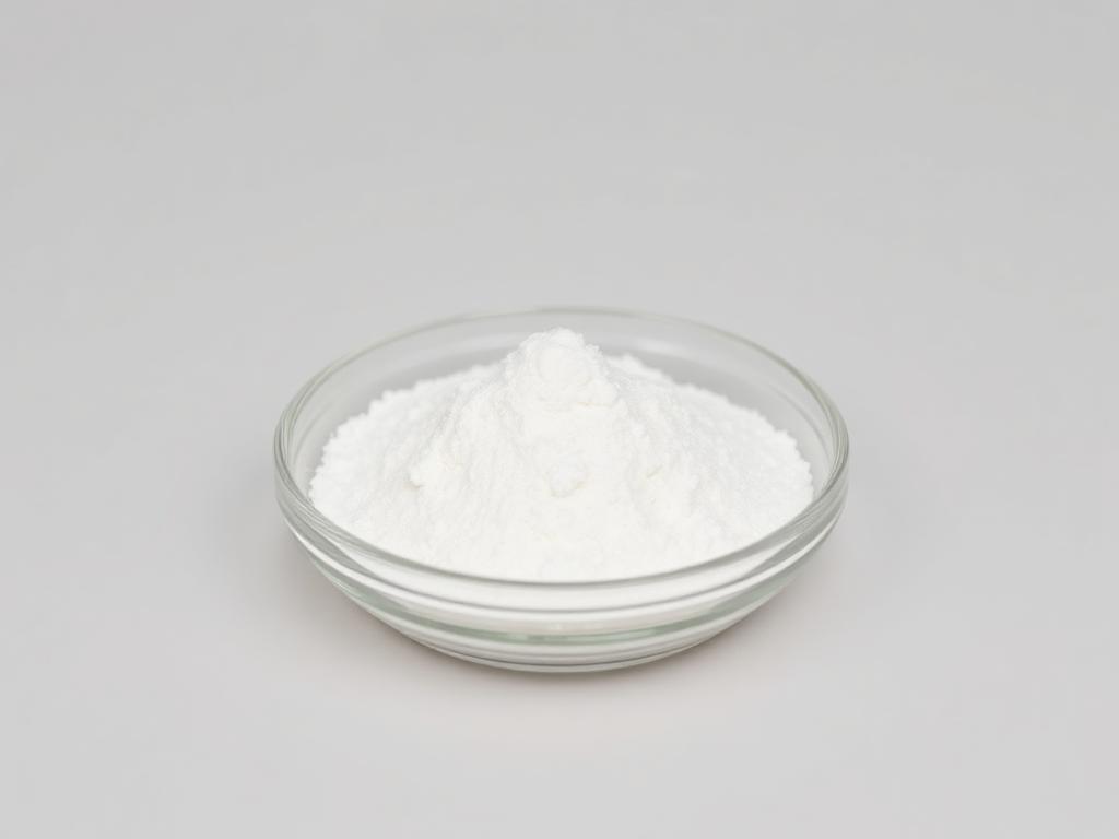 White fumaric acid powder in a plain glass dish — studio category illustration