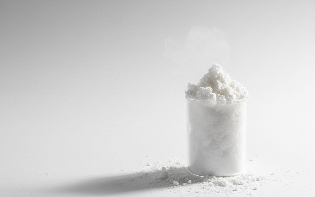 Grade confirmed at quotation — ultra-lightweight, fluffy white powder of extremely low bulk density, appearing almost like smoke or mist in a beaker, studio product photograph