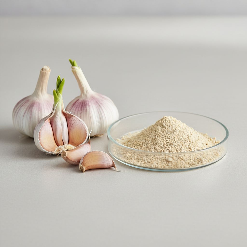 Illustrative studio sample of Garlic Extract beside Allium sativum source material