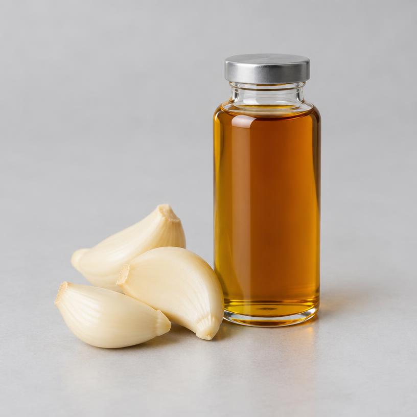 Garlic Oil — Food & Flavour Grade — studio photograph of clear to pale mobile oil, presented as a B2B sourcing category illustration