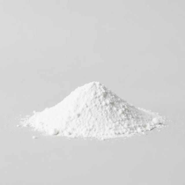 Micronized calcium carbonate filler powder shown as a neutral studio product photograph