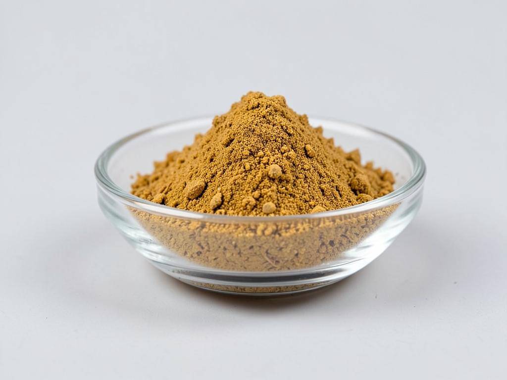 Gentian Root Powder shown as a dried milled botanical powder in a shallow dish in a neutral studio photograph