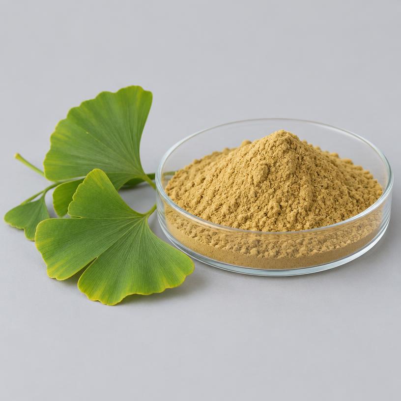 Ginkgo Biloba Extract — Supplement Grade — studio photograph of fine extract powder, presented as a B2B sourcing category illustration