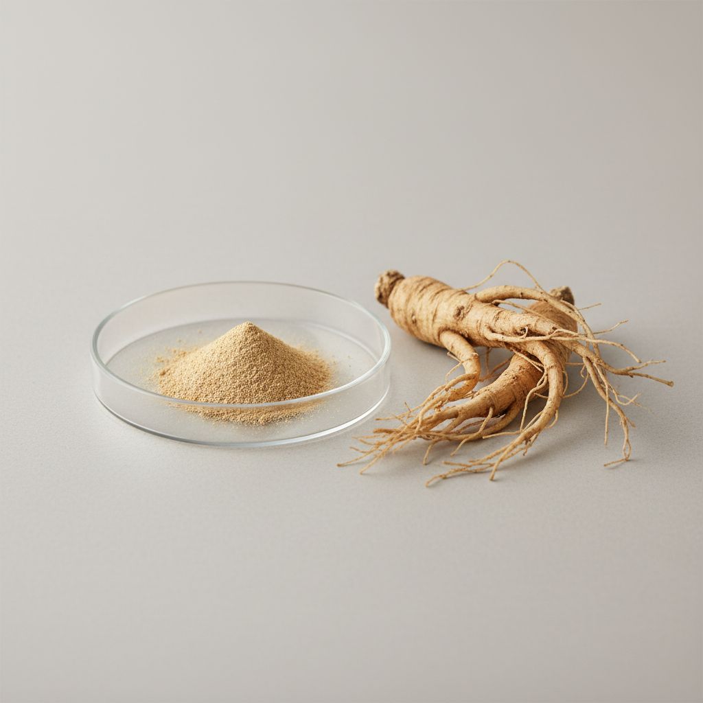 Illustrative studio sample of Ginseng Extract (Species Confirmed per Enquiry) beside Panax spp. source material