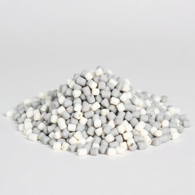 Glass-fibre reinforced polypropylene compound pellets shown as a neutral studio product photograph