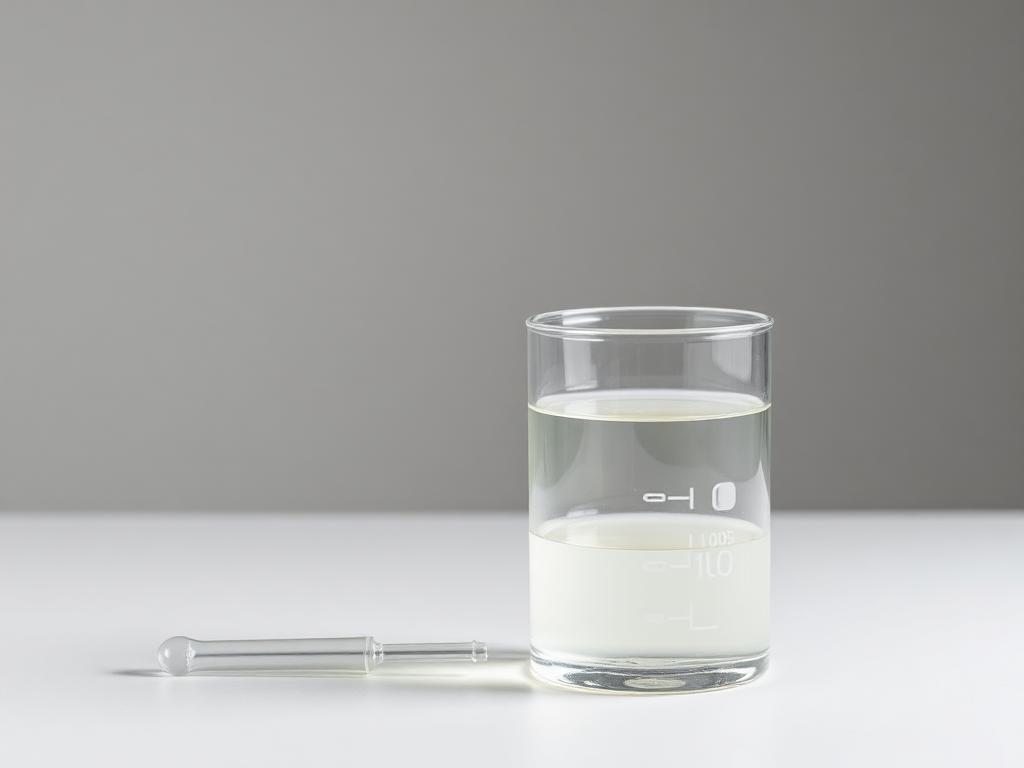 Clear glass beaker of colourless gluconic acid solution beside a glass stirring rod on a neutral studio background